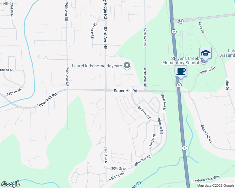 map of restaurants, bars, coffee shops, grocery stores, and more near 8406 28th Street Northeast in Lake Stevens
