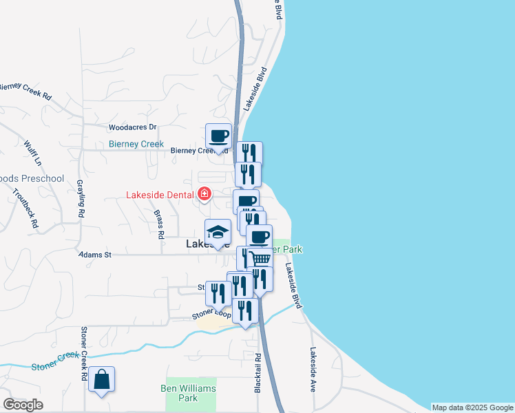 map of restaurants, bars, coffee shops, grocery stores, and more near in Lakeside