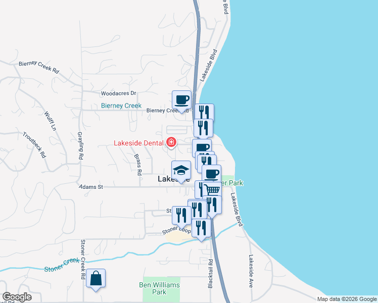 map of restaurants, bars, coffee shops, grocery stores, and more near in Lakeside