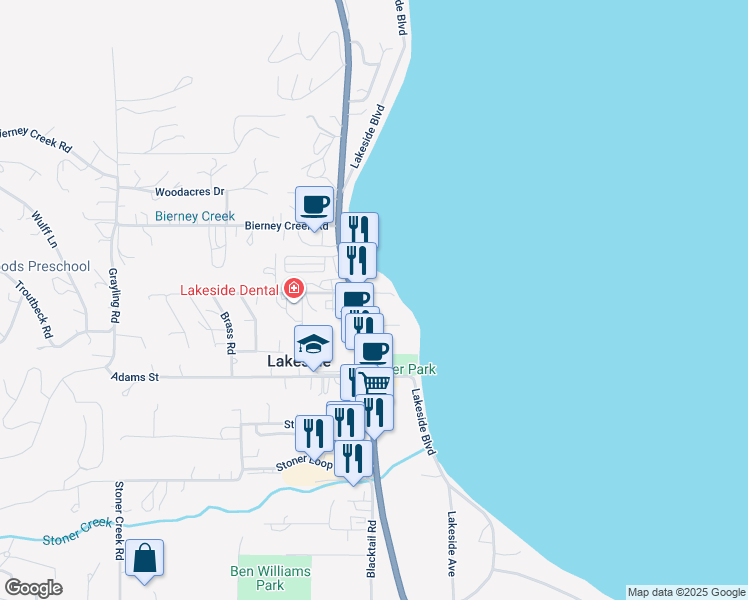 map of restaurants, bars, coffee shops, grocery stores, and more near in Lakeside