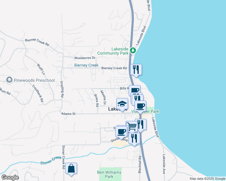 map of restaurants, bars, coffee shops, grocery stores, and more near 146 Blue Mountain Way in Lakeside