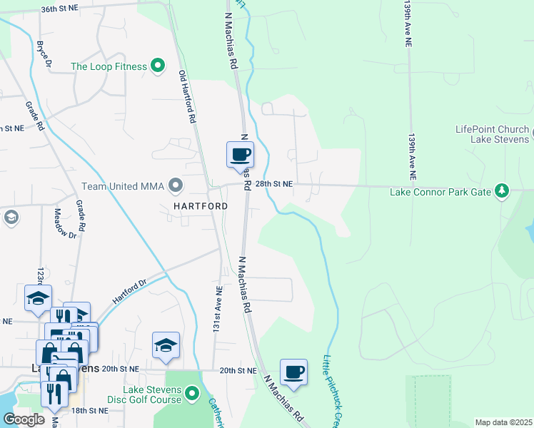 map of restaurants, bars, coffee shops, grocery stores, and more near 2527 North Machias Road in Lake Stevens