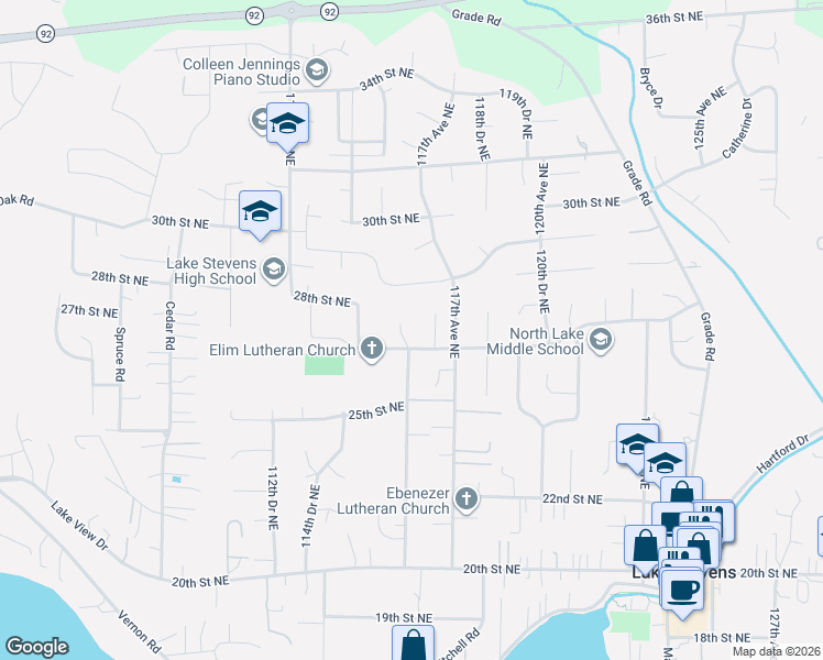 map of restaurants, bars, coffee shops, grocery stores, and more near 2603 116th Drive Northeast in Lake Stevens