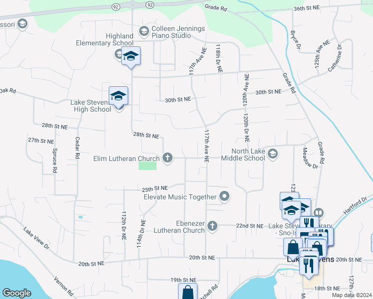map of restaurants, bars, coffee shops, grocery stores, and more near 2603 116th Drive Northeast in Lake Stevens