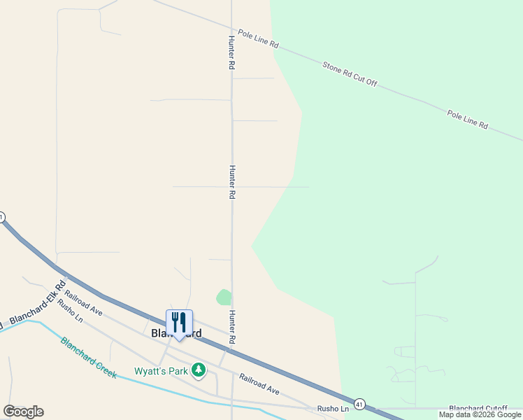 map of restaurants, bars, coffee shops, grocery stores, and more near Hunter Road in Blanchard