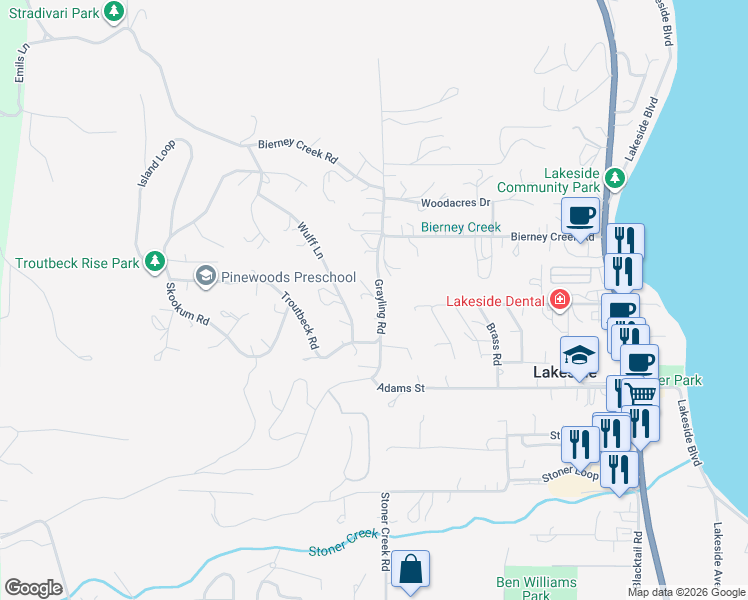 map of restaurants, bars, coffee shops, grocery stores, and more near 515 Grayling Road in Lakeside