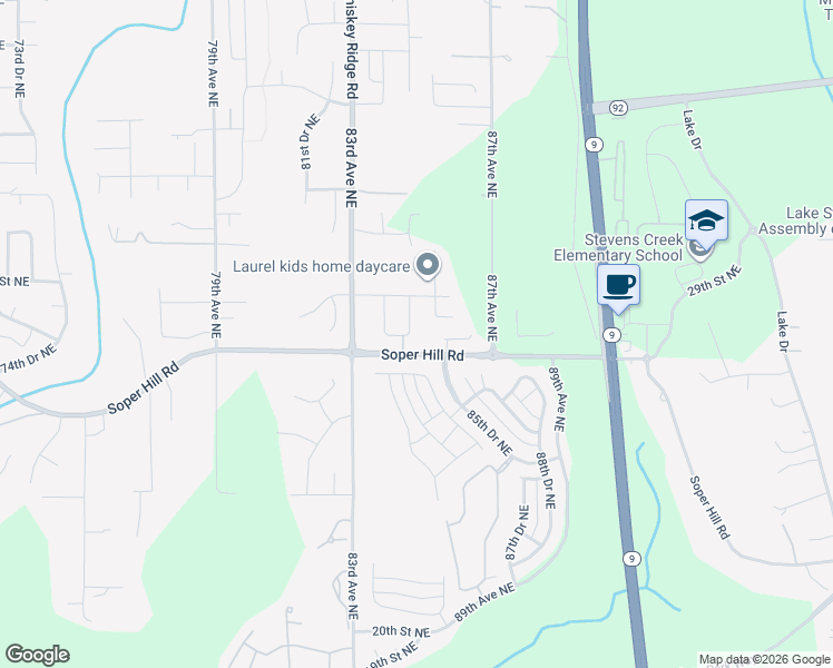 map of restaurants, bars, coffee shops, grocery stores, and more near 2915 84th Drive Northeast in Marysville