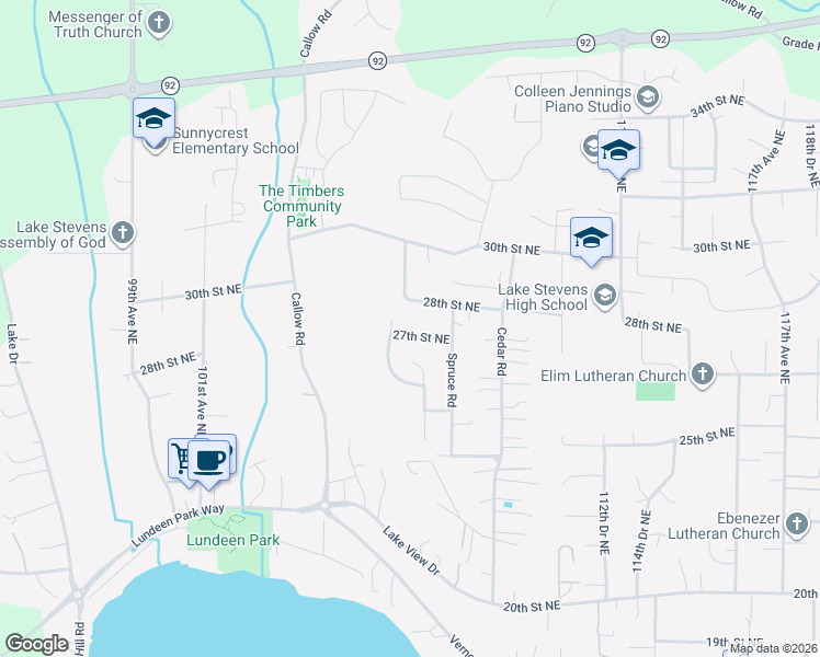map of restaurants, bars, coffee shops, grocery stores, and more near 10705 27th Street Northeast in Lake Stevens