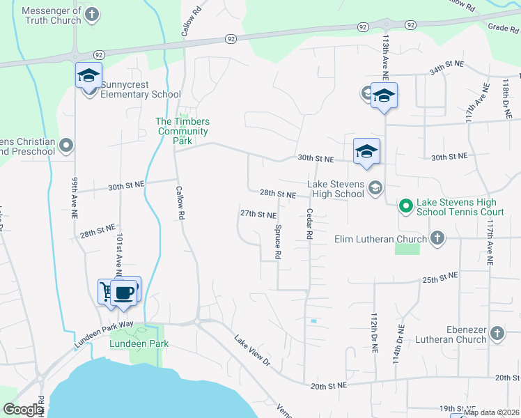 map of restaurants, bars, coffee shops, grocery stores, and more near 10717 27th Street Northeast in Lake Stevens