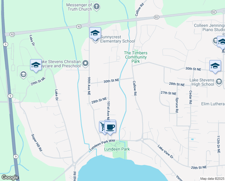 map of restaurants, bars, coffee shops, grocery stores, and more near 2829 101st Avenue Northeast in Lake Stevens