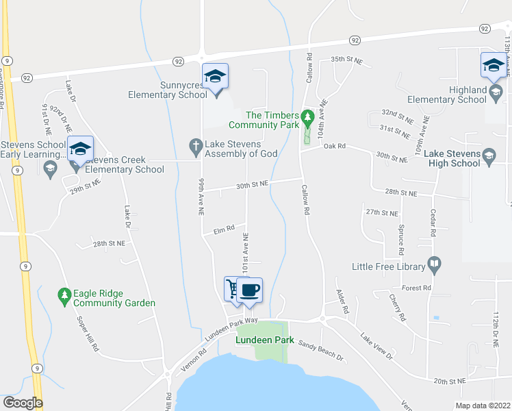 map of restaurants, bars, coffee shops, grocery stores, and more near 2829 101st Avenue Northeast in Lake Stevens