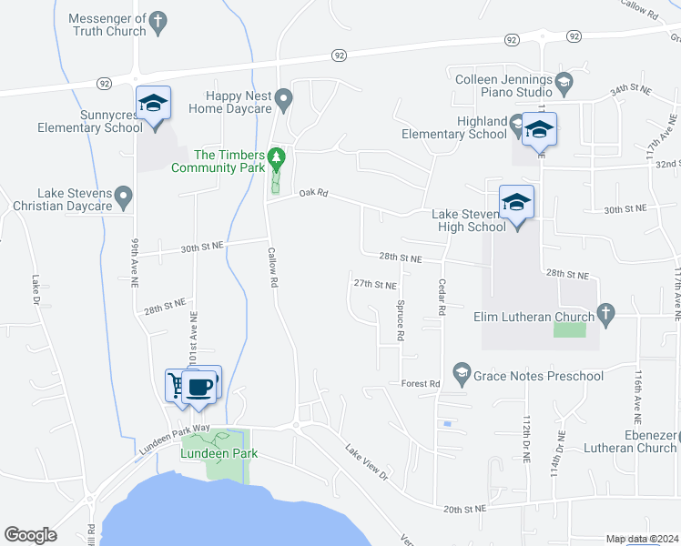 map of restaurants, bars, coffee shops, grocery stores, and more near 2708 106th Drive Northeast in Lake Stevens