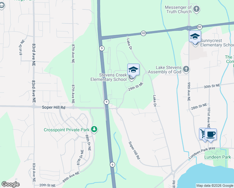 map of restaurants, bars, coffee shops, grocery stores, and more near 9023 Soper Hill Road in Lake Stevens