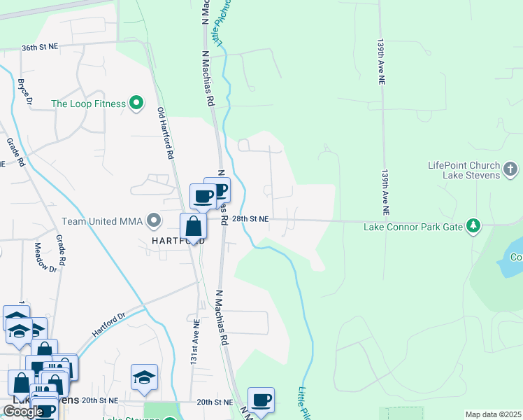 map of restaurants, bars, coffee shops, grocery stores, and more near 2820 134th Avenue Northeast in Lake Stevens