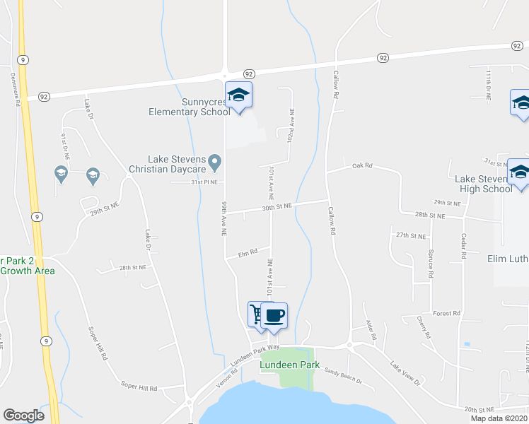map of restaurants, bars, coffee shops, grocery stores, and more near 3016 101st Avenue Northeast in Lake Stevens