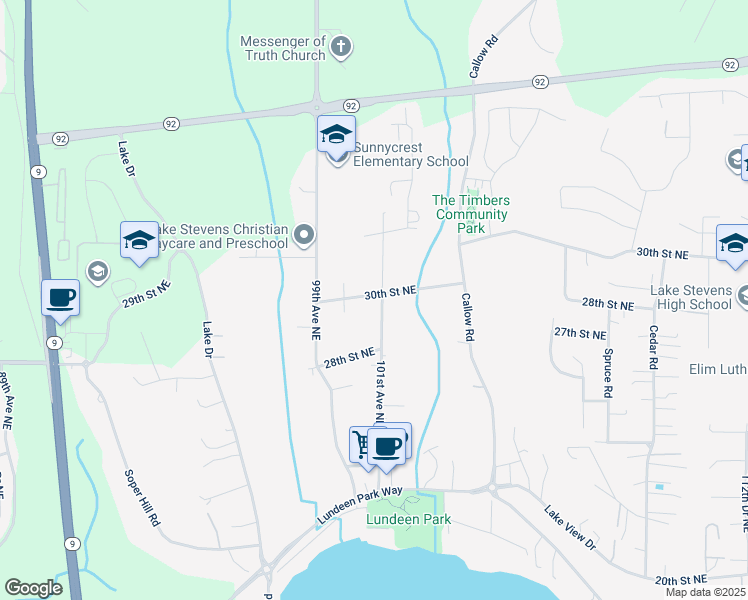 map of restaurants, bars, coffee shops, grocery stores, and more near 10026 30th Street Northeast in Lake Stevens