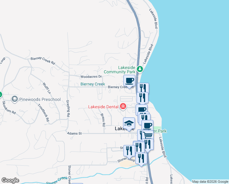 map of restaurants, bars, coffee shops, grocery stores, and more near 197-223 Bierney Creek Rd in Lakeside