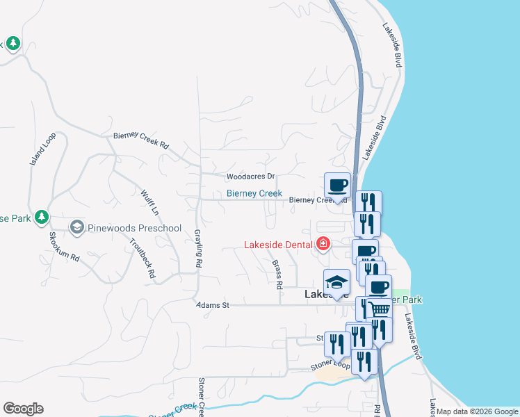 map of restaurants, bars, coffee shops, grocery stores, and more near 349 Bierney Creek Rd in Lakeside
