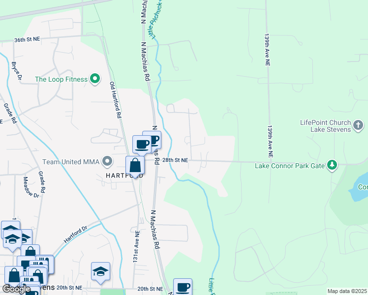 map of restaurants, bars, coffee shops, grocery stores, and more near 2820 134th Avenue Northeast in Lake Stevens