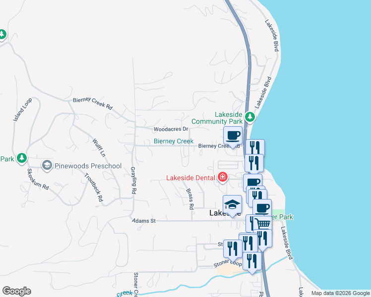 map of restaurants, bars, coffee shops, grocery stores, and more near Woodacres Dr in Lakeside