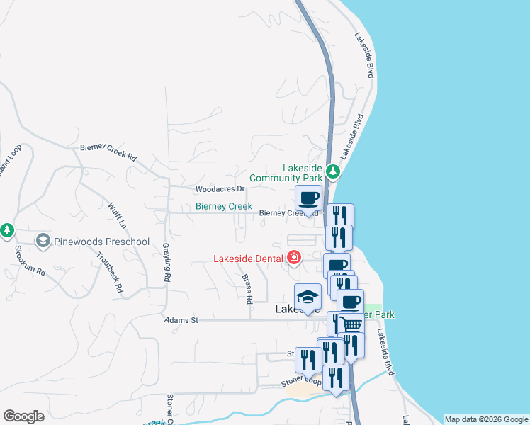 map of restaurants, bars, coffee shops, grocery stores, and more near 223 Bierney Creek Rd in Lakeside