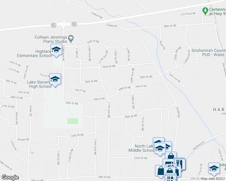 map of restaurants, bars, coffee shops, grocery stores, and more near 2904 118th Drive Northeast in Lake Stevens