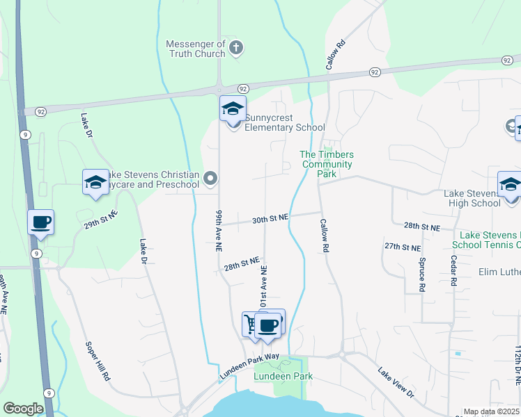 map of restaurants, bars, coffee shops, grocery stores, and more near 3016 101st Avenue Northeast in Lake Stevens