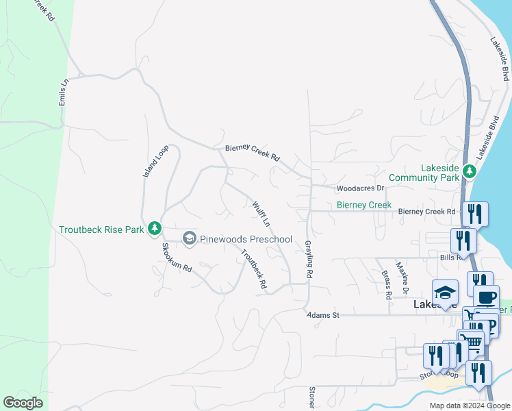 map of restaurants, bars, coffee shops, grocery stores, and more near 132 Wulff Lane in Lakeside