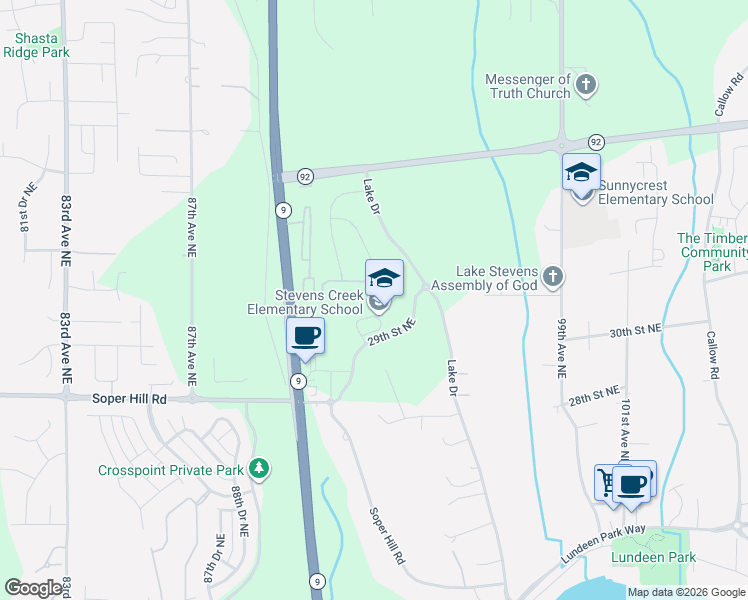 map of restaurants, bars, coffee shops, grocery stores, and more near 9317 29th Street Northeast in Lake Stevens
