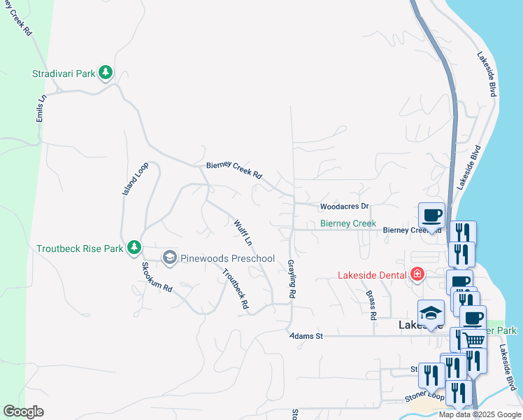 map of restaurants, bars, coffee shops, grocery stores, and more near 540 Bierney Creek Road in Lakeside