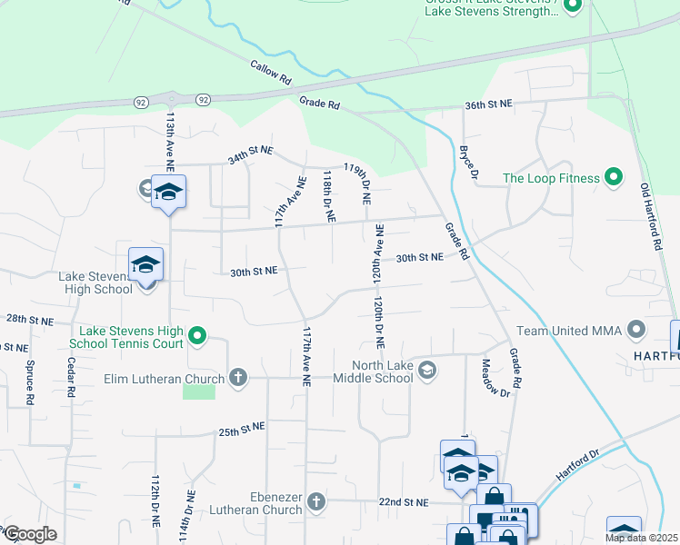 map of restaurants, bars, coffee shops, grocery stores, and more near 2904 118th Drive Northeast in Lake Stevens