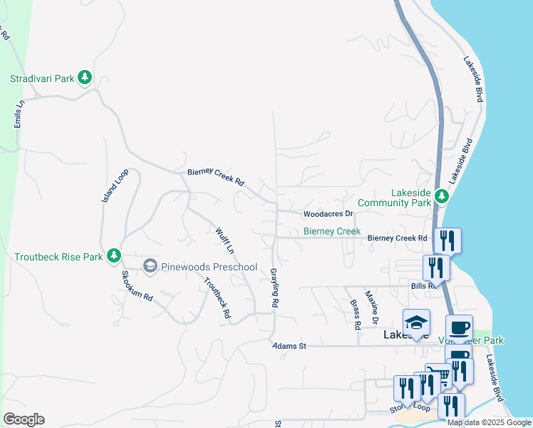 map of restaurants, bars, coffee shops, grocery stores, and more near 540-550 Bierney Creek Road in Lakeside