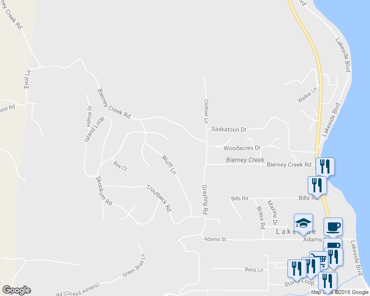 map of restaurants, bars, coffee shops, grocery stores, and more near 540 Bierney Creek Road in Lakeside