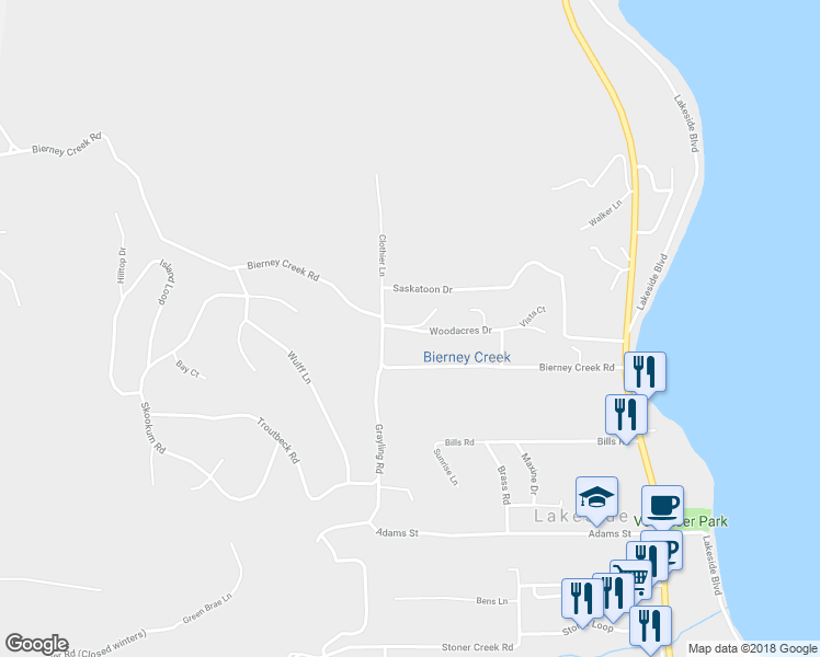 map of restaurants, bars, coffee shops, grocery stores, and more near 100 Woodacres Drive in Lakeside