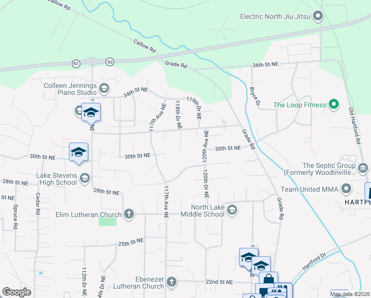 map of restaurants, bars, coffee shops, grocery stores, and more near 3104 118th Drive Northeast in Lake Stevens