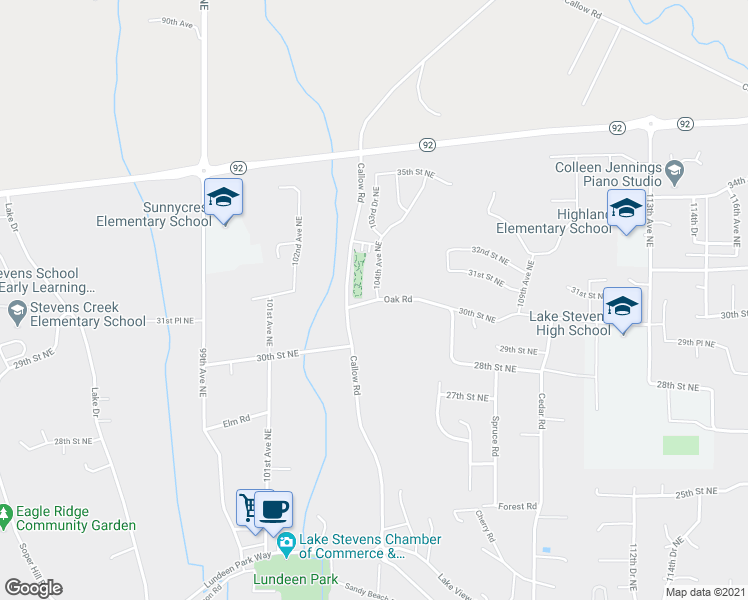 map of restaurants, bars, coffee shops, grocery stores, and more near 3302 104th Avenue Northeast in Lake Stevens