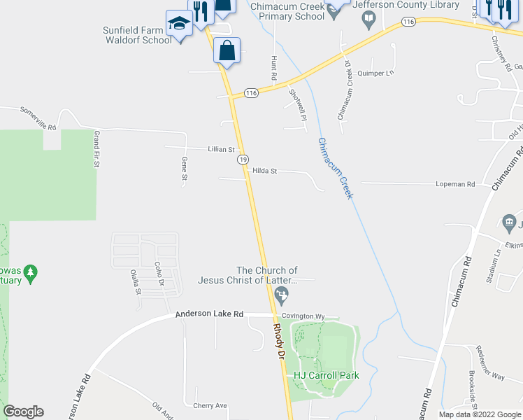 map of restaurants, bars, coffee shops, grocery stores, and more near 10364 Rhody Drive in Chimacum