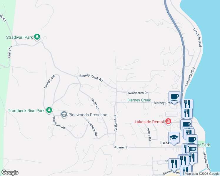 map of restaurants, bars, coffee shops, grocery stores, and more near 540-550 Bierney Creek Road in Lakeside