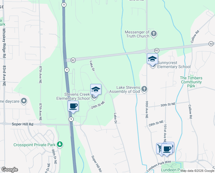 map of restaurants, bars, coffee shops, grocery stores, and more near 3208 Lake Drive in Lake Stevens