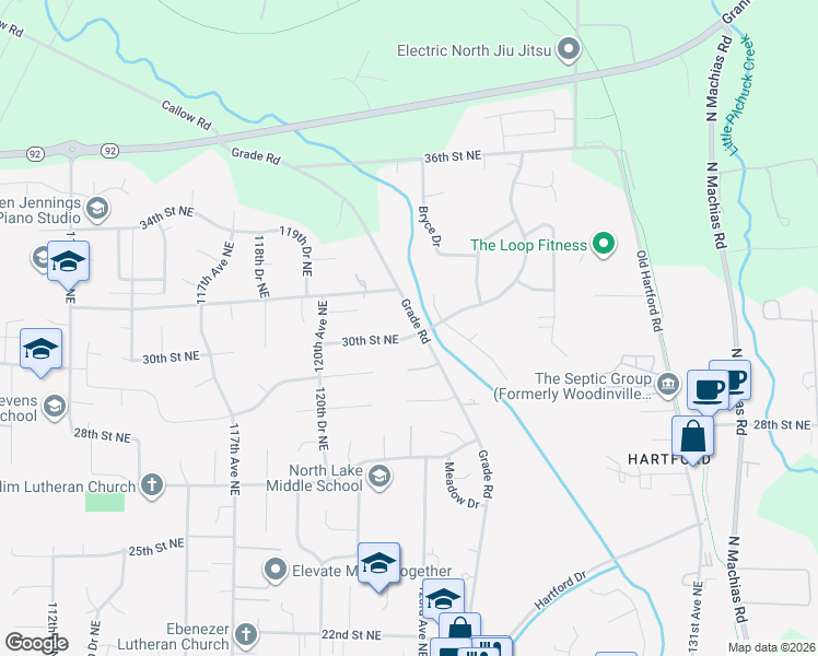 map of restaurants, bars, coffee shops, grocery stores, and more near 12205 30th Street Northeast in Lake Stevens