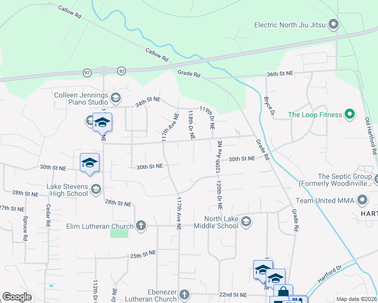 map of restaurants, bars, coffee shops, grocery stores, and more near 3104 118th Drive Northeast in Lake Stevens
