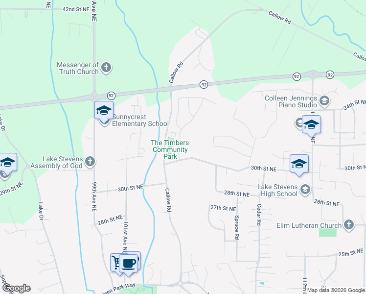 map of restaurants, bars, coffee shops, grocery stores, and more near 10403 Oak Road in Lake Stevens