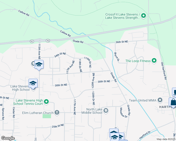 map of restaurants, bars, coffee shops, grocery stores, and more near 3212 119th Drive Northeast in Lake Stevens