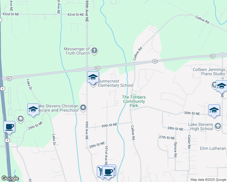 map of restaurants, bars, coffee shops, grocery stores, and more near 10195 33rd Place Northeast in Lake Stevens