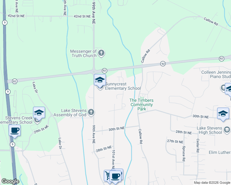 map of restaurants, bars, coffee shops, grocery stores, and more near 10177 33rd Place Northeast in Lake Stevens