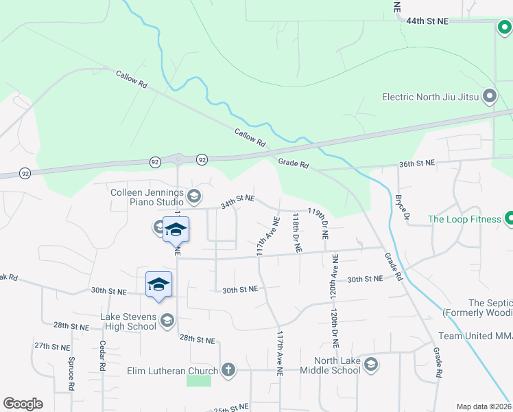 map of restaurants, bars, coffee shops, grocery stores, and more near 11600 34th Street Northeast in Lake Stevens