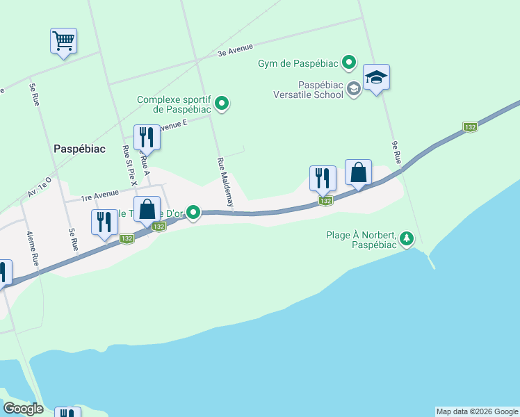 map of restaurants, bars, coffee shops, grocery stores, and more near 73 Boulevard Gérard D. Levesque Est in Paspébiac