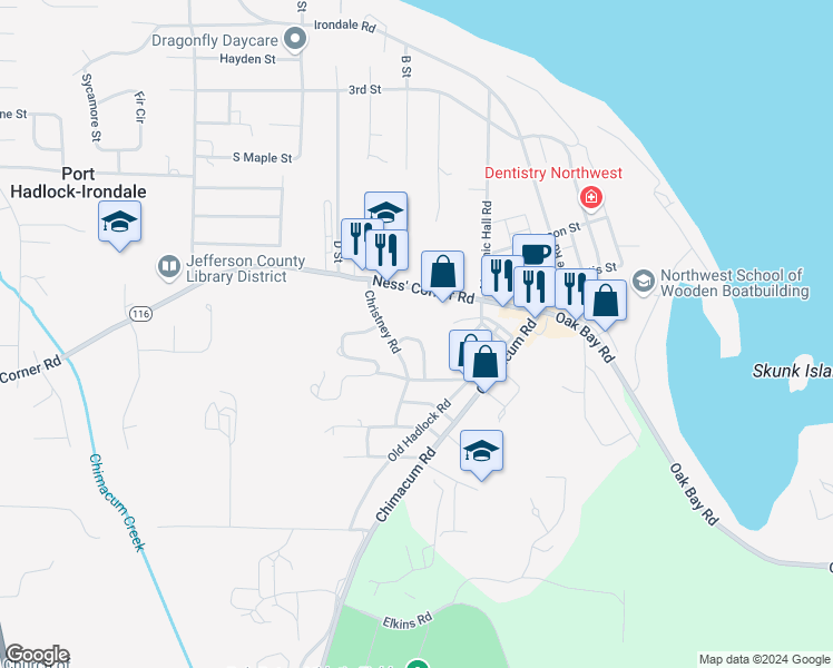 map of restaurants, bars, coffee shops, grocery stores, and more near 902 Ness' Corner Road in Port Hadlock-Irondale