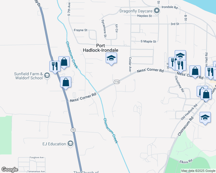 map of restaurants, bars, coffee shops, grocery stores, and more near 313 Ness' Corner Road in Port Hadlock-Irondale