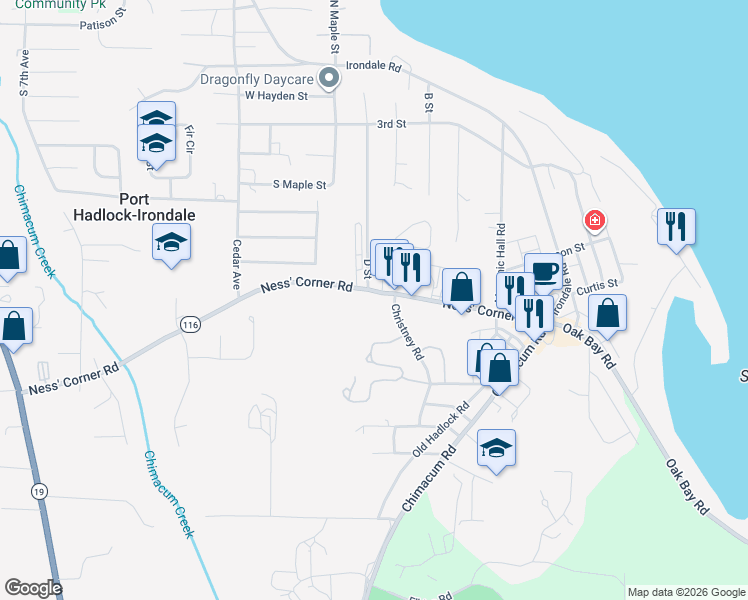 map of restaurants, bars, coffee shops, grocery stores, and more near 711 Ness' Corner Road in Port Hadlock-Irondale